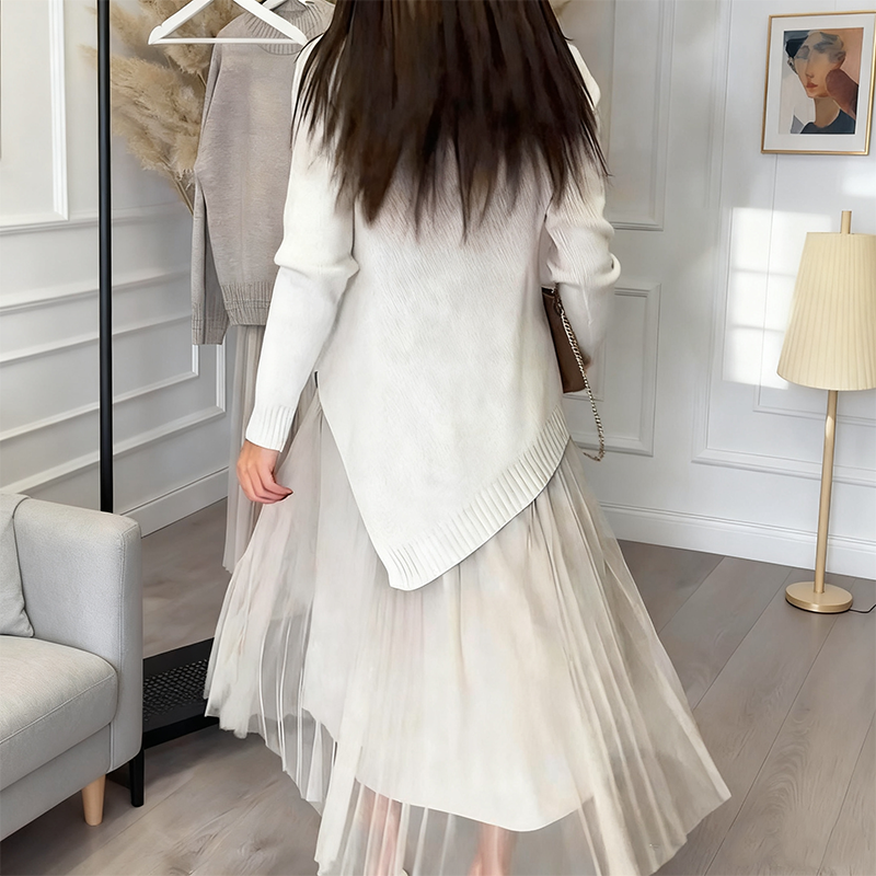 Knit Sweater and Pleated Tulle Midi Two Piece Set 9