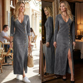 V-Neck Long Sleeve Button Front High Split Maxi Dress 7