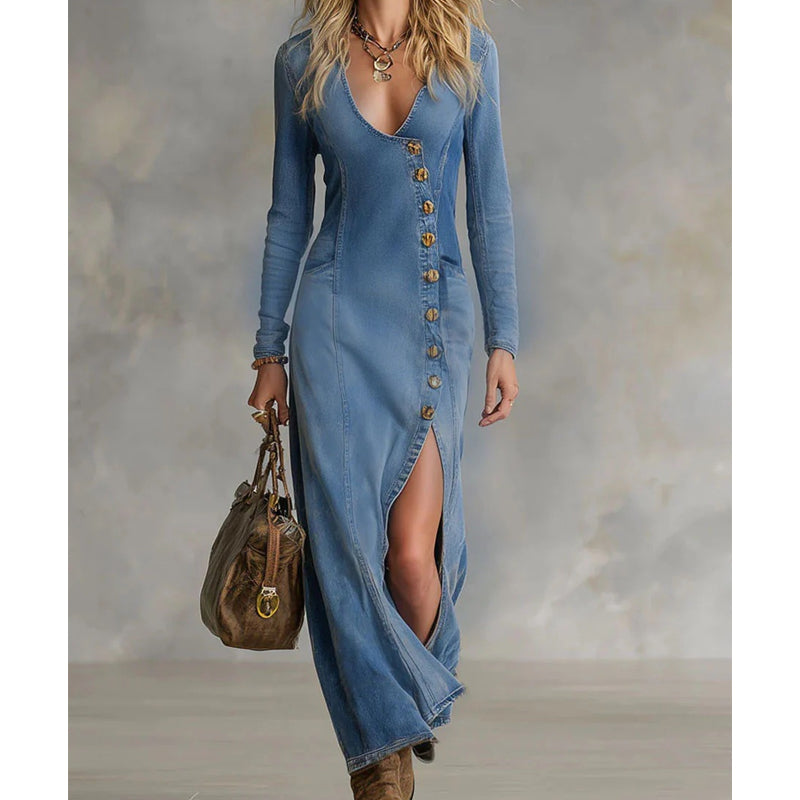 V-Neck Long Sleeve Button Front High Split Maxi Dress 10