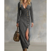 V-Neck Long Sleeve Button Front High Split Maxi Dress 11
