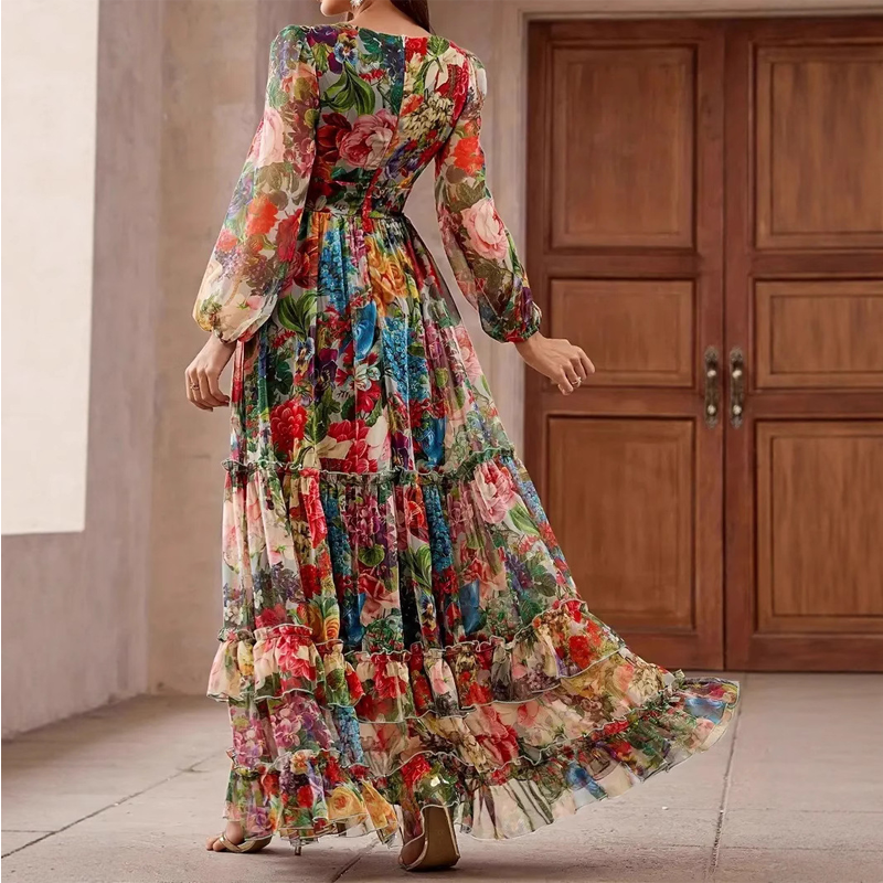 Floral Long Sleeve Tiered Chiffon Maxi Dress