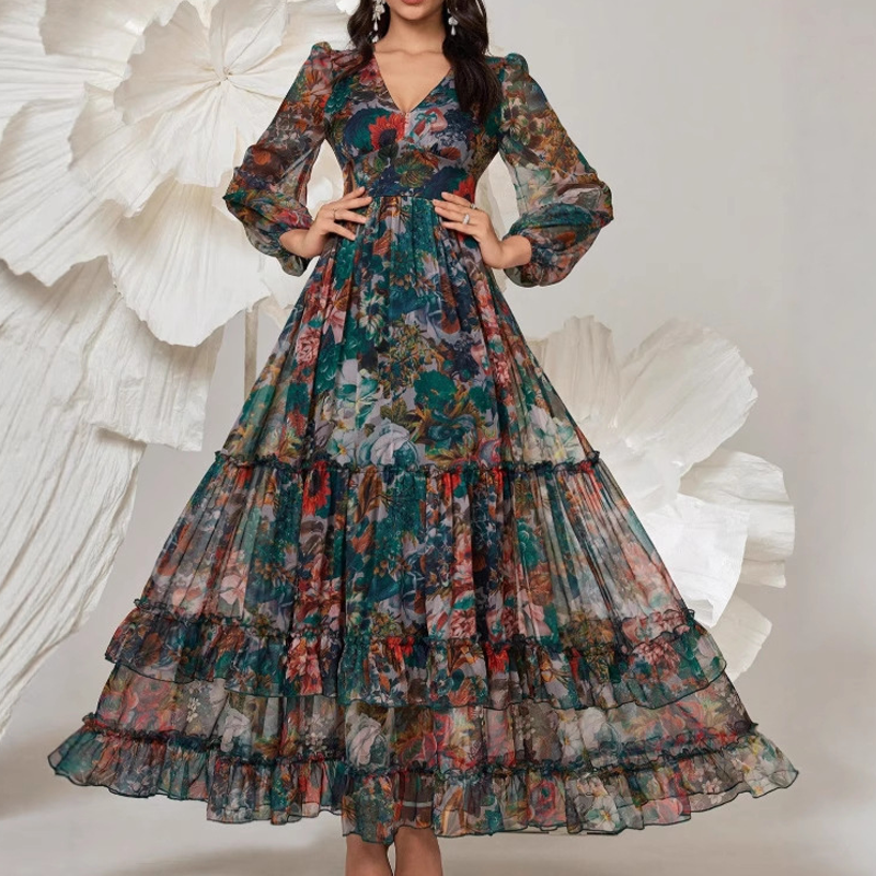 Floral Long Sleeve Tiered Chiffon Maxi Dress 2