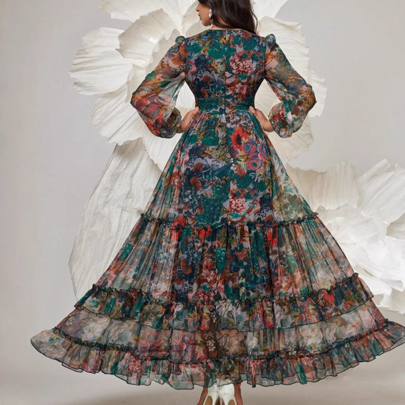 Floral Long Sleeve Tiered Chiffon Maxi Dress 3