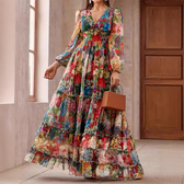Floral Long Sleeve Tiered Chiffon Maxi Dress 4