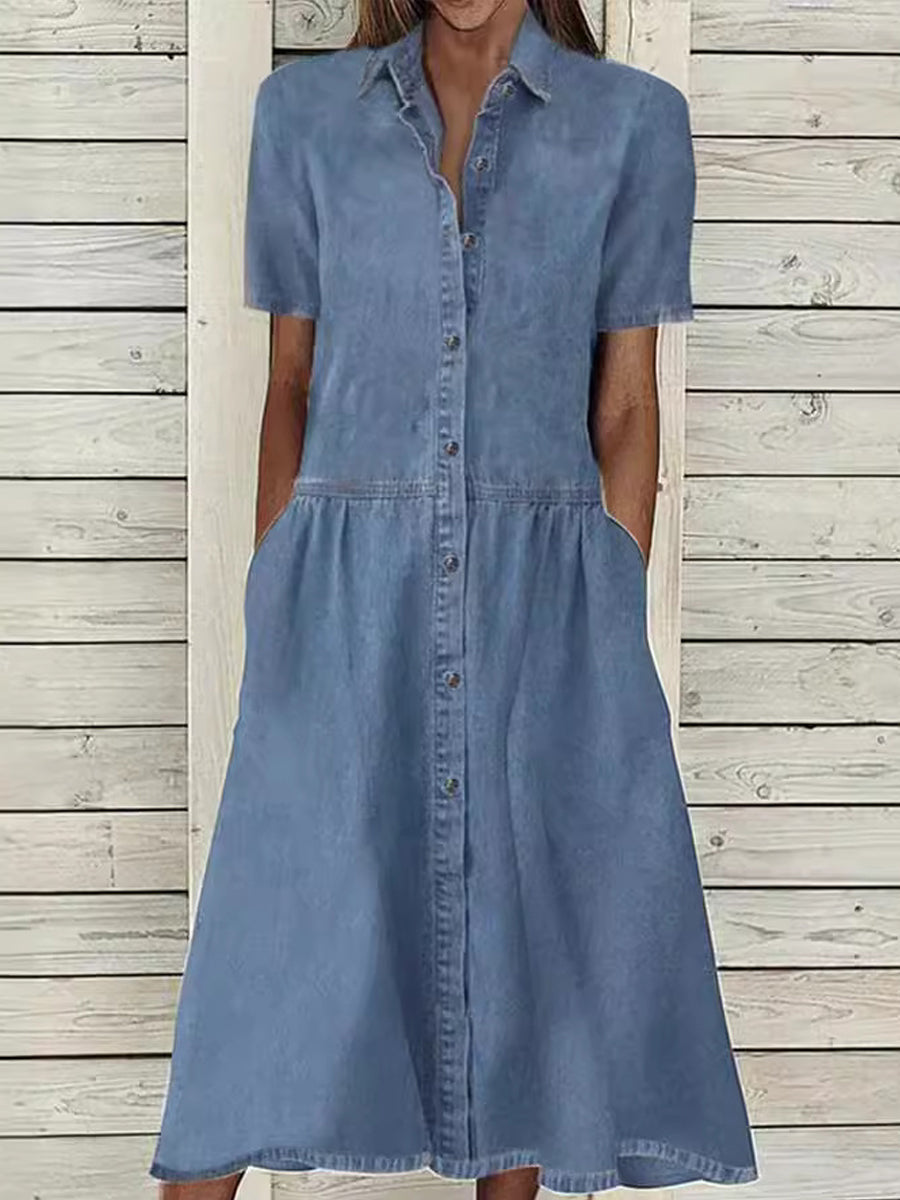 Denim Look Button Front Short Sleeve Collared Midi Shirt Dress