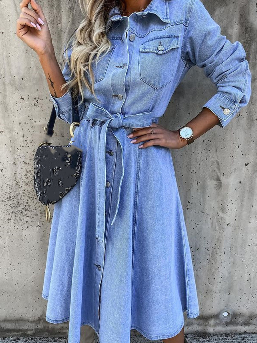 Button Front Belted Long Sleeve Denim Shirt Dress