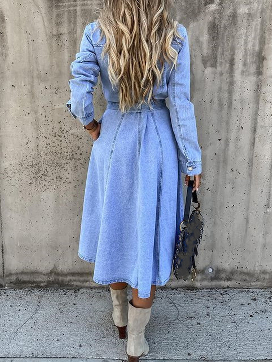 Button Front Belted Long Sleeve Denim Shirt Dress