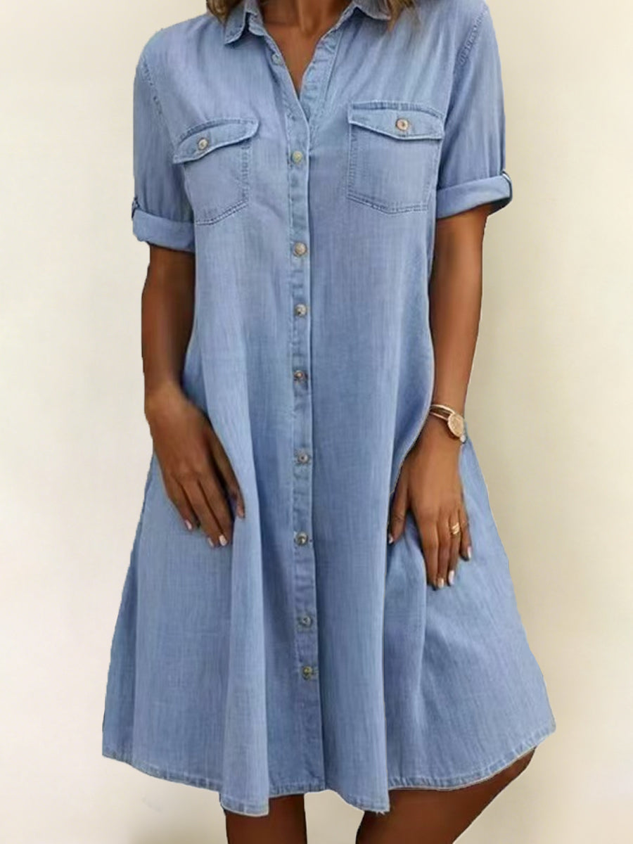 Button Front Short Sleeve Denim Shirt Dress