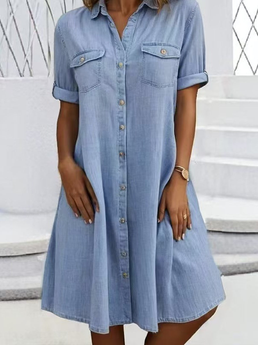 Button Front Short Sleeve Denim Shirt Dress