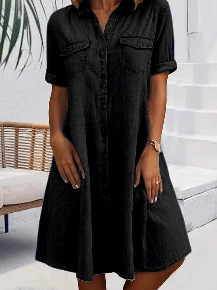 Button Front Short Sleeve Denim Shirt Dress