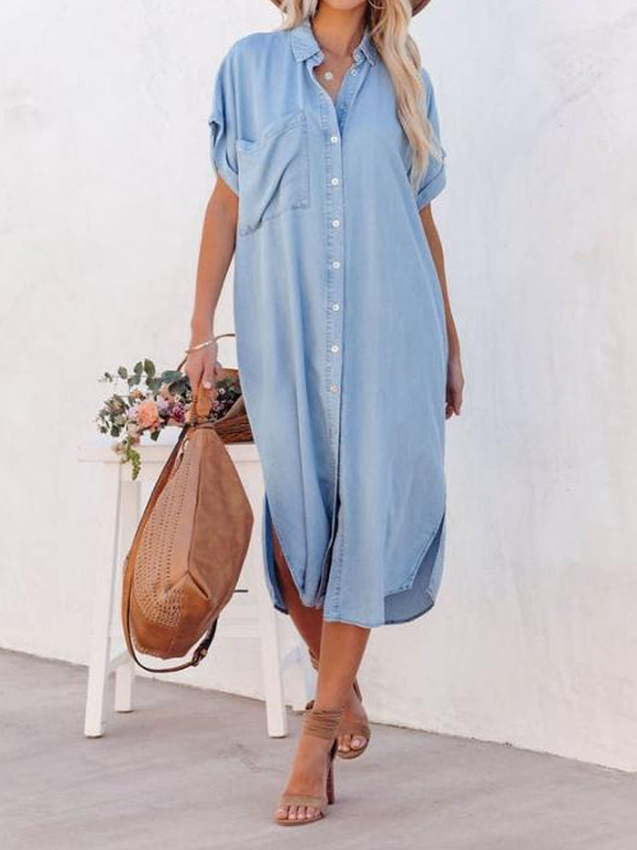 Oversized Button Front Short Sleeve Denim Shirt Dress