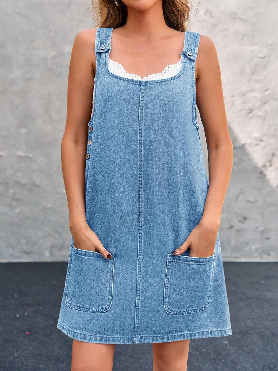 Square Neck Lace Trim Pocket Denim Pinafore Dress