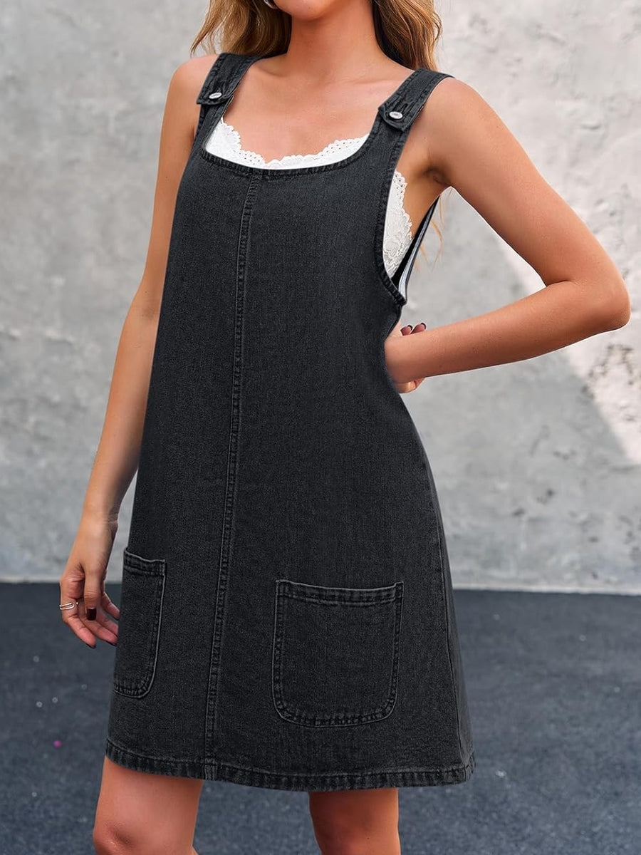 Square Neck Lace Trim Pocket Denim Pinafore Dress