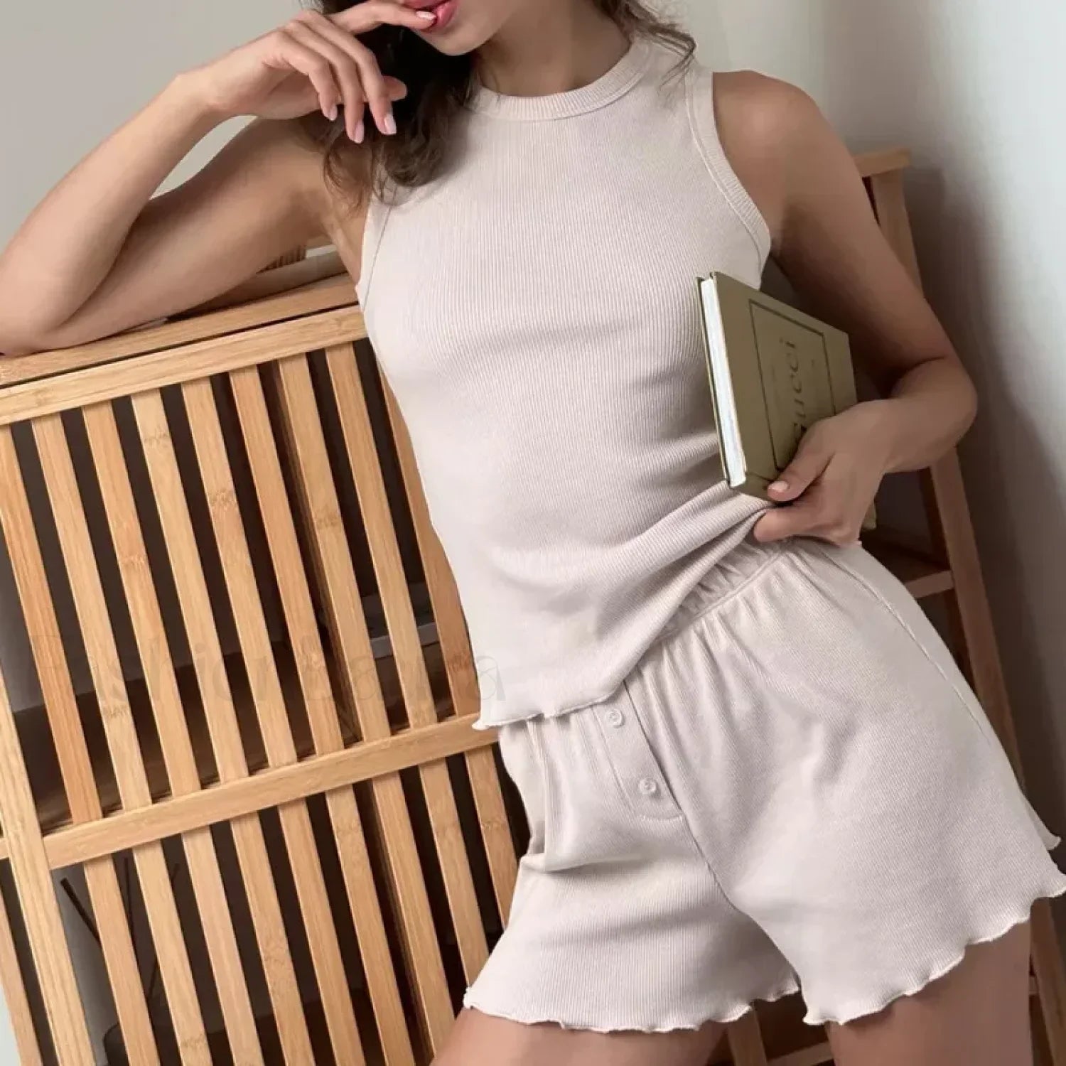Spring Solid Color Vest Shorts Two Piece Set Lotus root / S