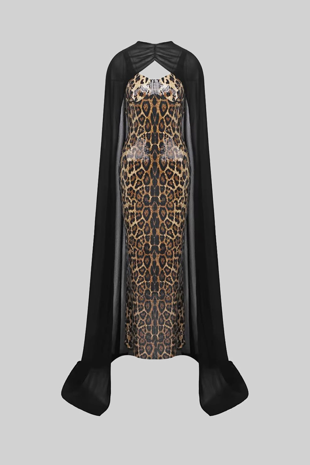 Leopard Print Sequin Sheer Cape Overlay Mermaid Maxi Gown 2