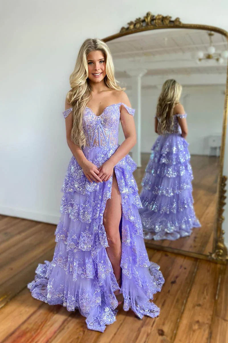 L1938 - Off-Shoulder Sequined Appliqued Sheer Tulle A-Line Long Homecoming Dress