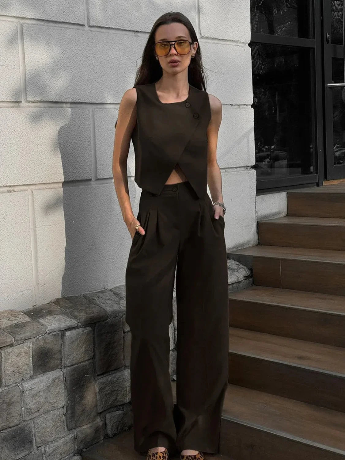 Square Collar Crop Pants Pajama Two Piece Set