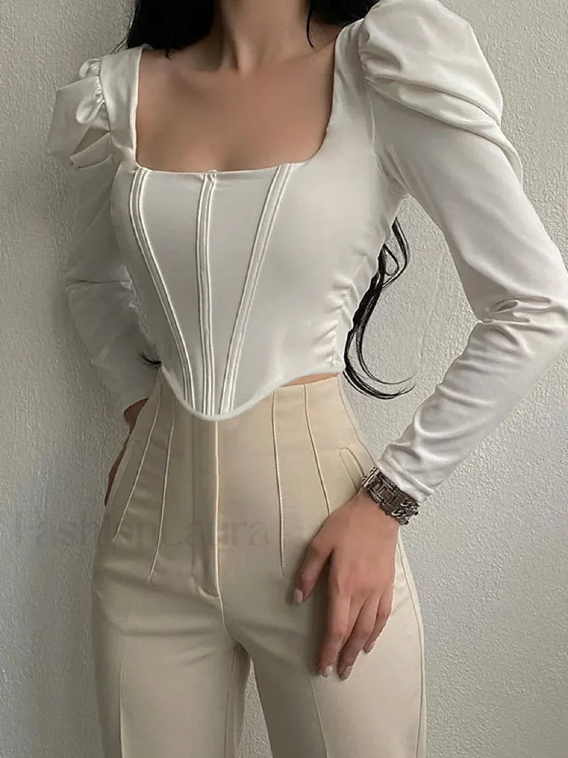 Square Collar Irregular Long Sleeve Solid Crop Top WHITE / S