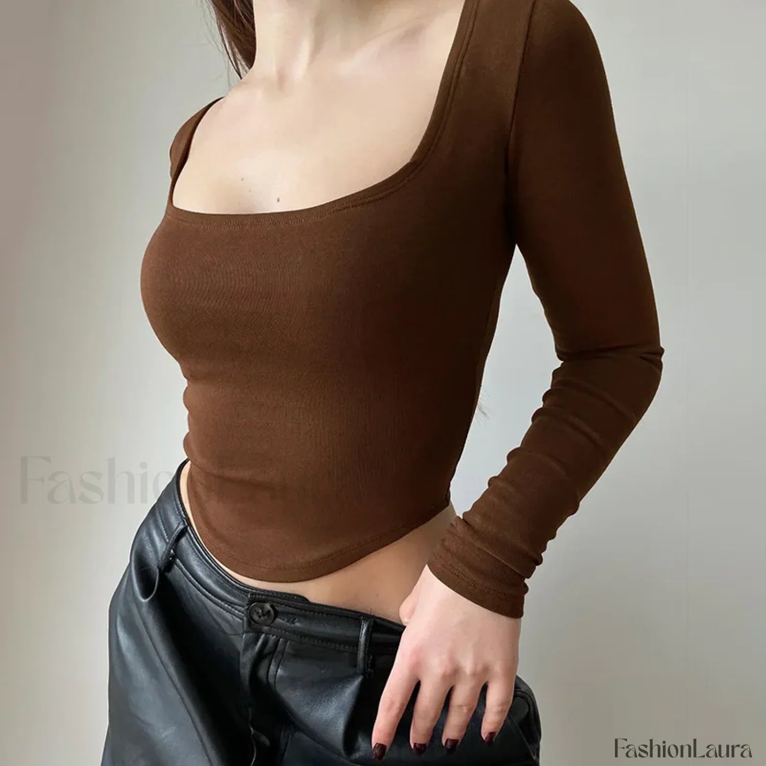 Square Collar Long Sleeve Solid Green Crop Top