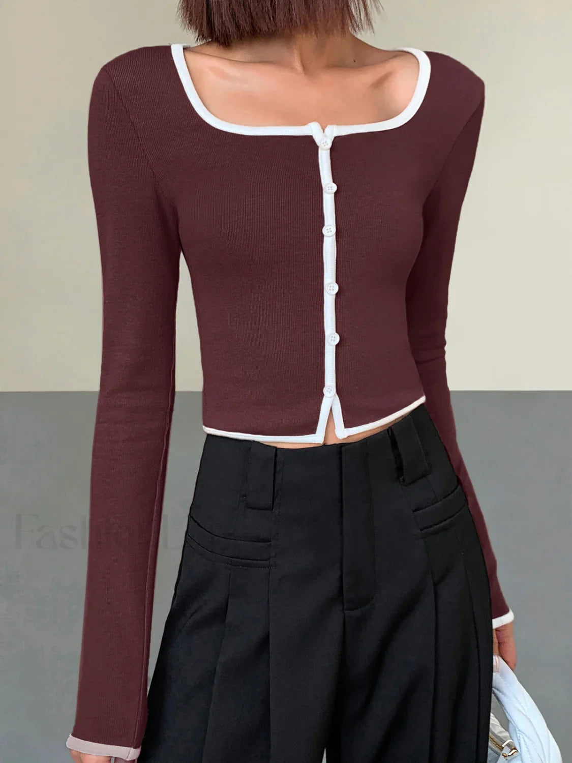 Square Neck Contrast Trim Long Sleeve Knit Shirt