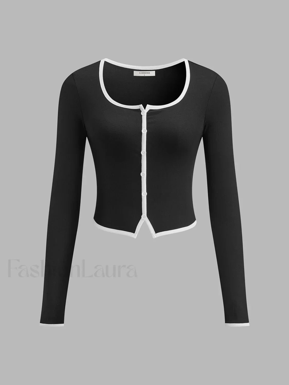 Square Neck Contrast Trim Long Sleeve Knit Shirt