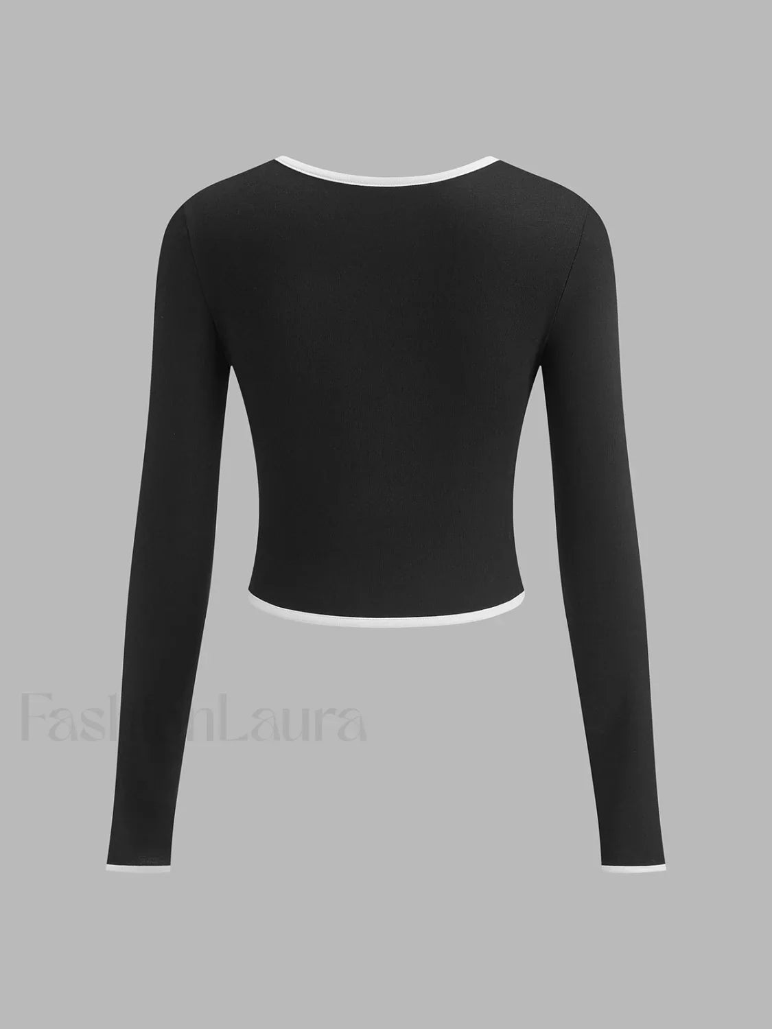 Square Neck Contrast Trim Long Sleeve Knit Shirt