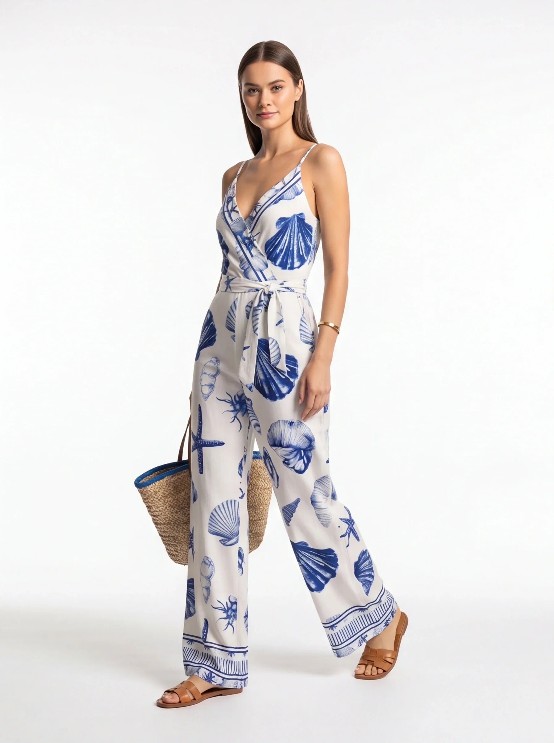 Women's White & Blue Seashell Print Wrap V-Neck Wide Leg Jumpsuit with Adjustable Straps - Jamota