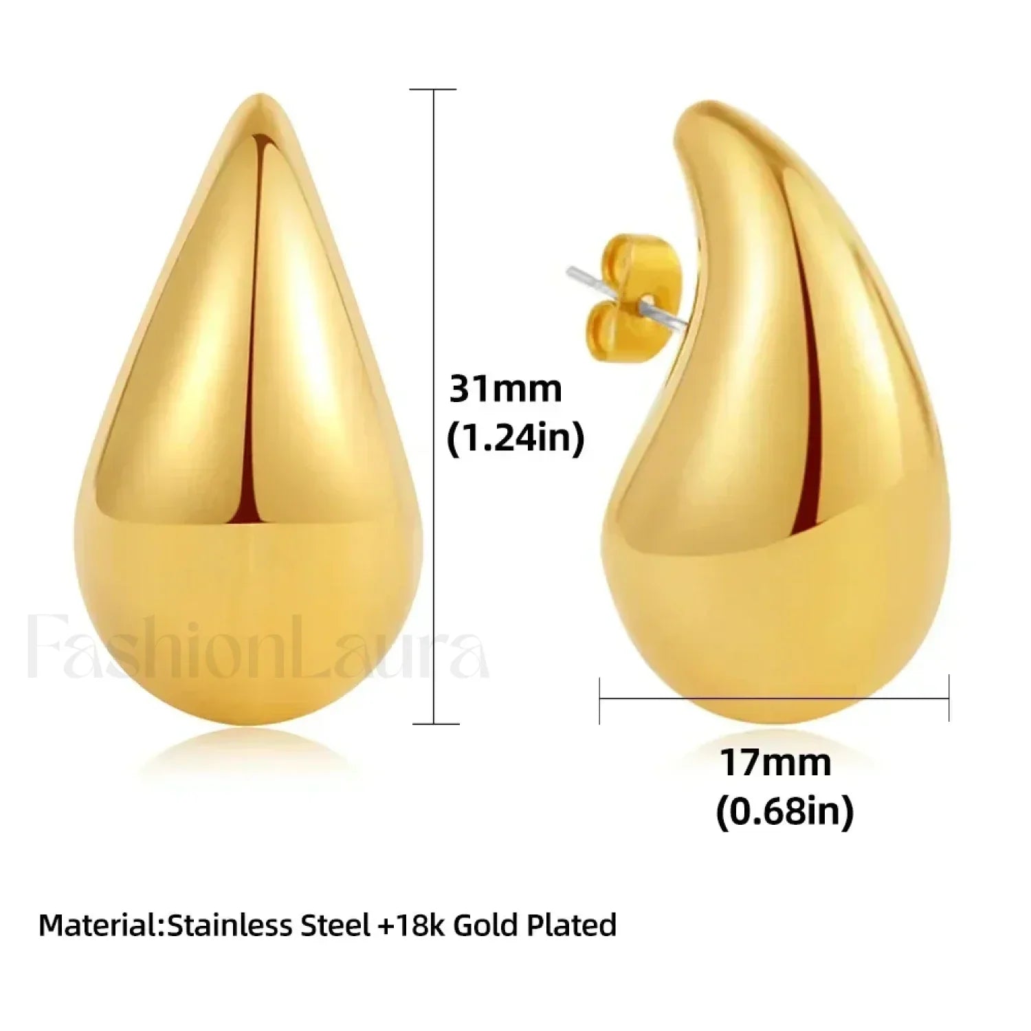 Stainless Steel Gold Plated Tear Drop Earrings Lightweight Smooth Metal Waterdrop Hoop Earring