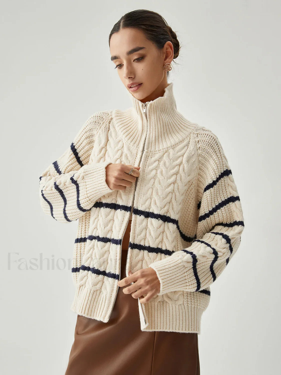 Stand Collar Cable Trendy Knit Stripe Cardigan