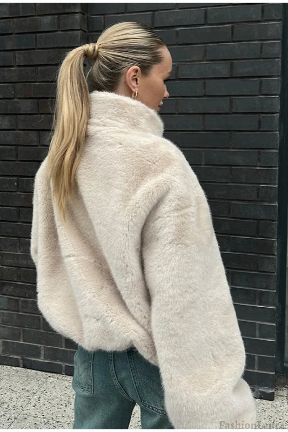 Stand Collar Faux Fur Cropped Jacket