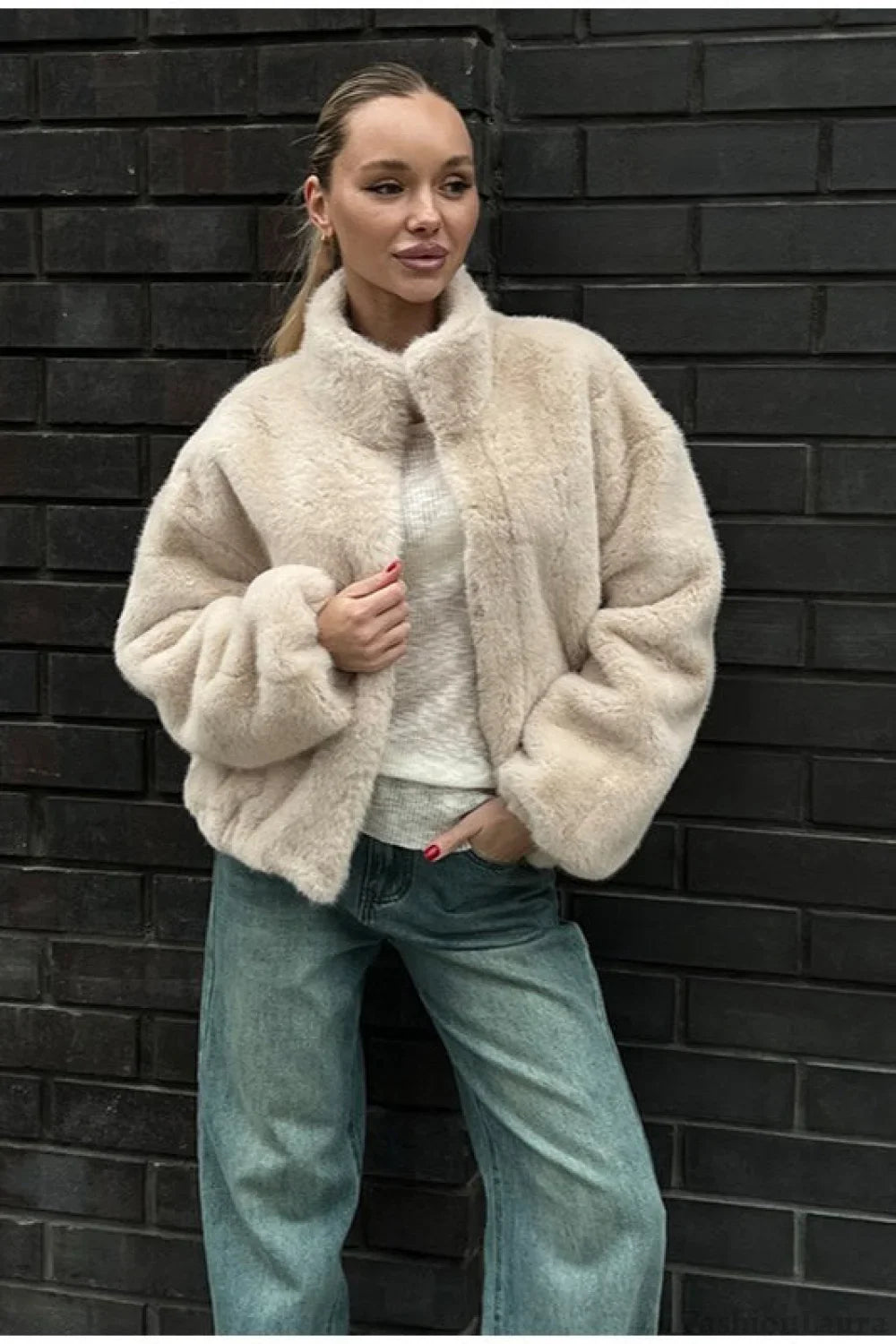 Stand Collar Faux Fur Cropped Jacket S / Beige