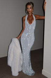 Sequin Deep V-Neck Halter Mermaid Maxi Dress