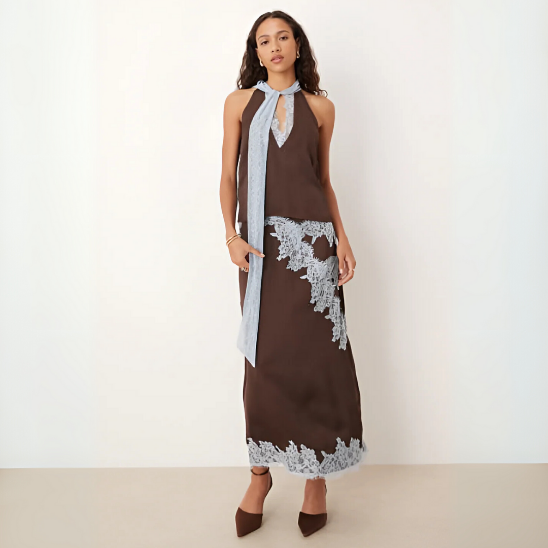 Halter Neck Lace Trim Tie Detail Satin Maxi Dress