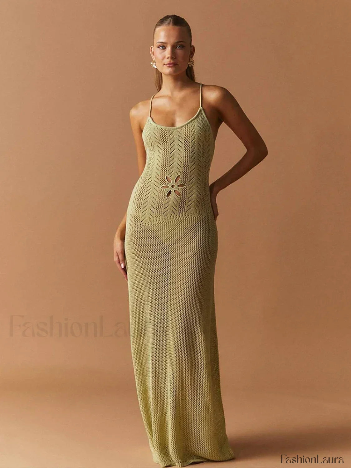 Strap Knitted Floral Cut Out Backless Slim Cover Up