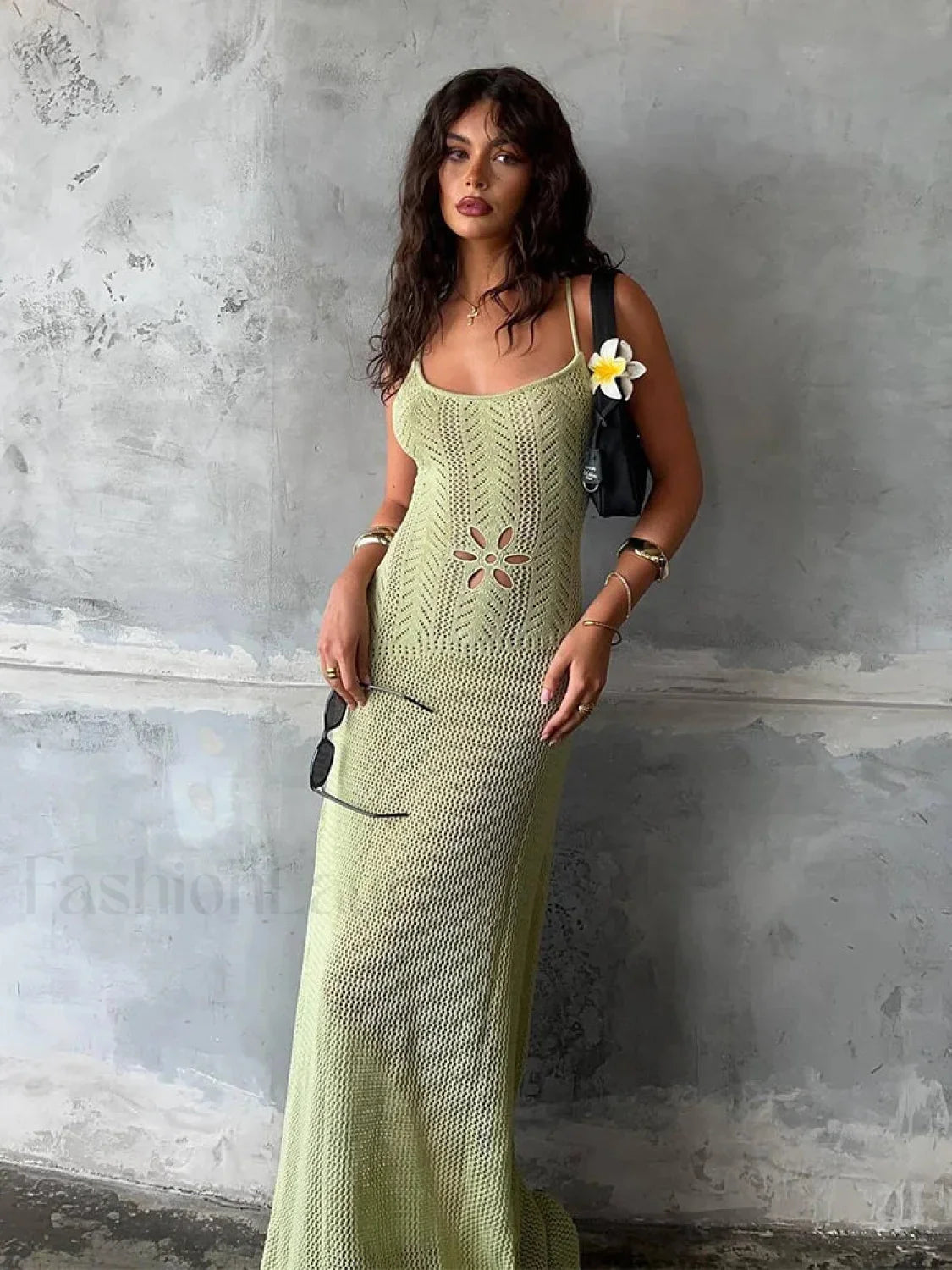 Strap Knitted Floral Cut Out Backless Slim Cover Up Light Green / S