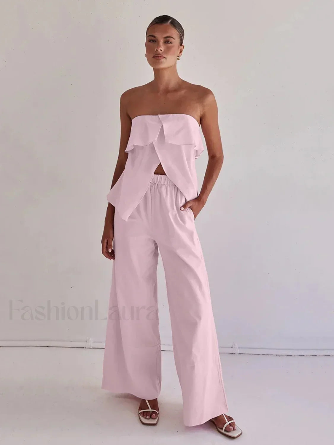 Strapless Backless Pajama Pants Two Piece Set Pink / S