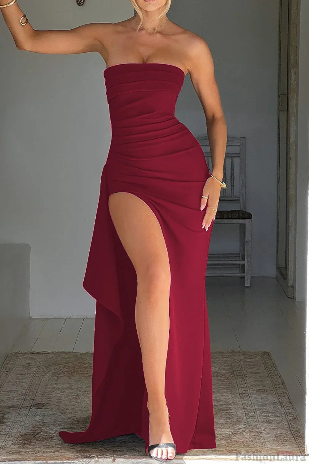 Strapless High Slit Maxi Party Dress