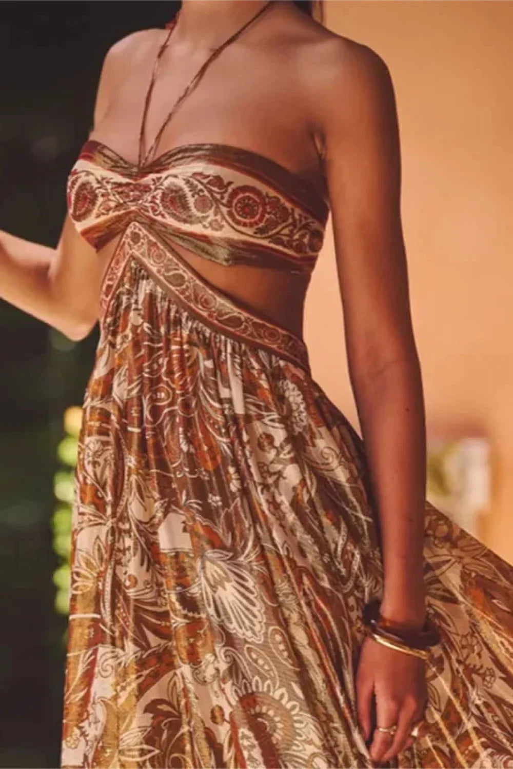 Strapless Lace Up Pleated Boho Dress Brown / S