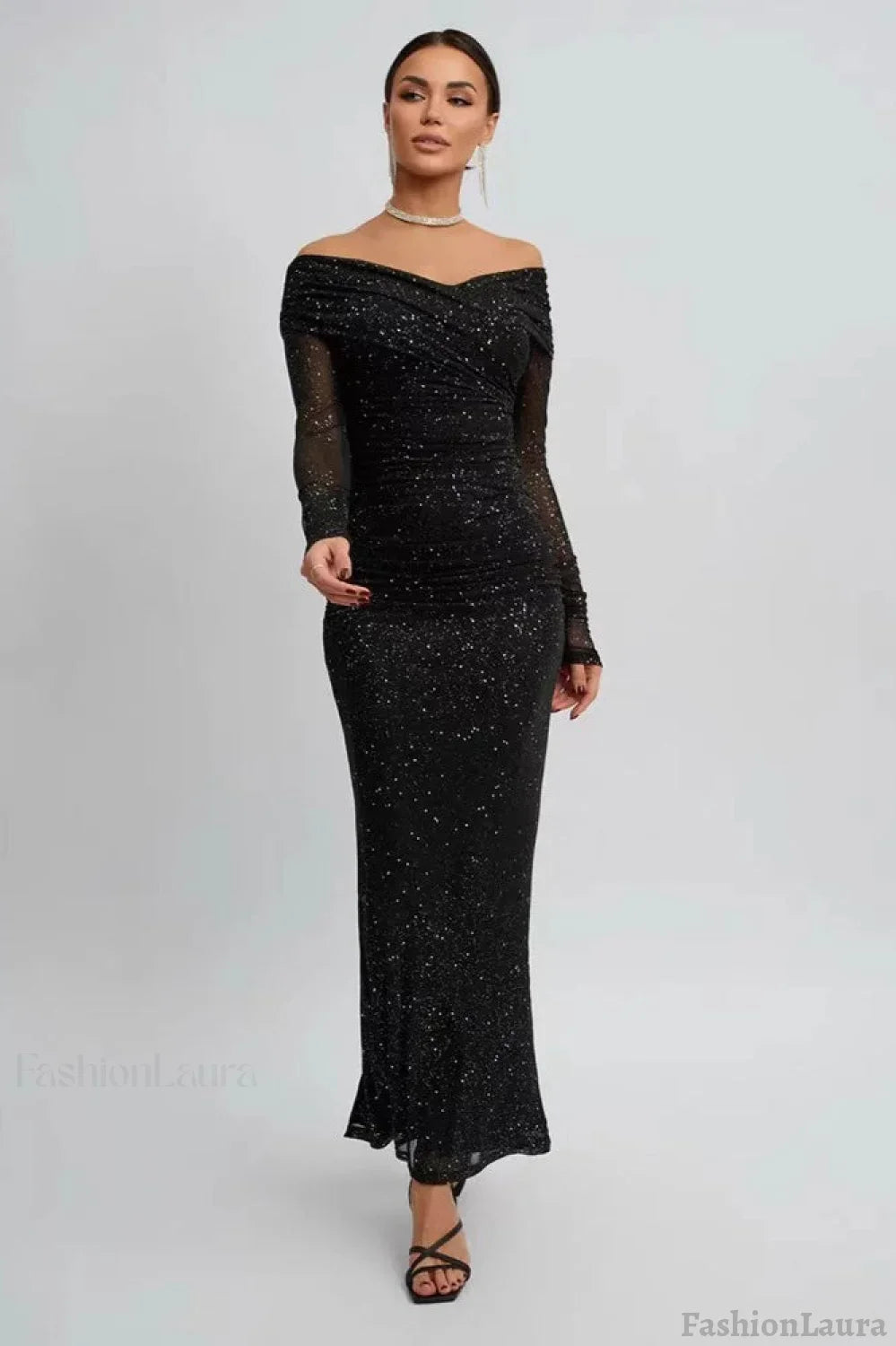 Strapless Mesh Long Sleeve Maxi Party Dress Black / S
