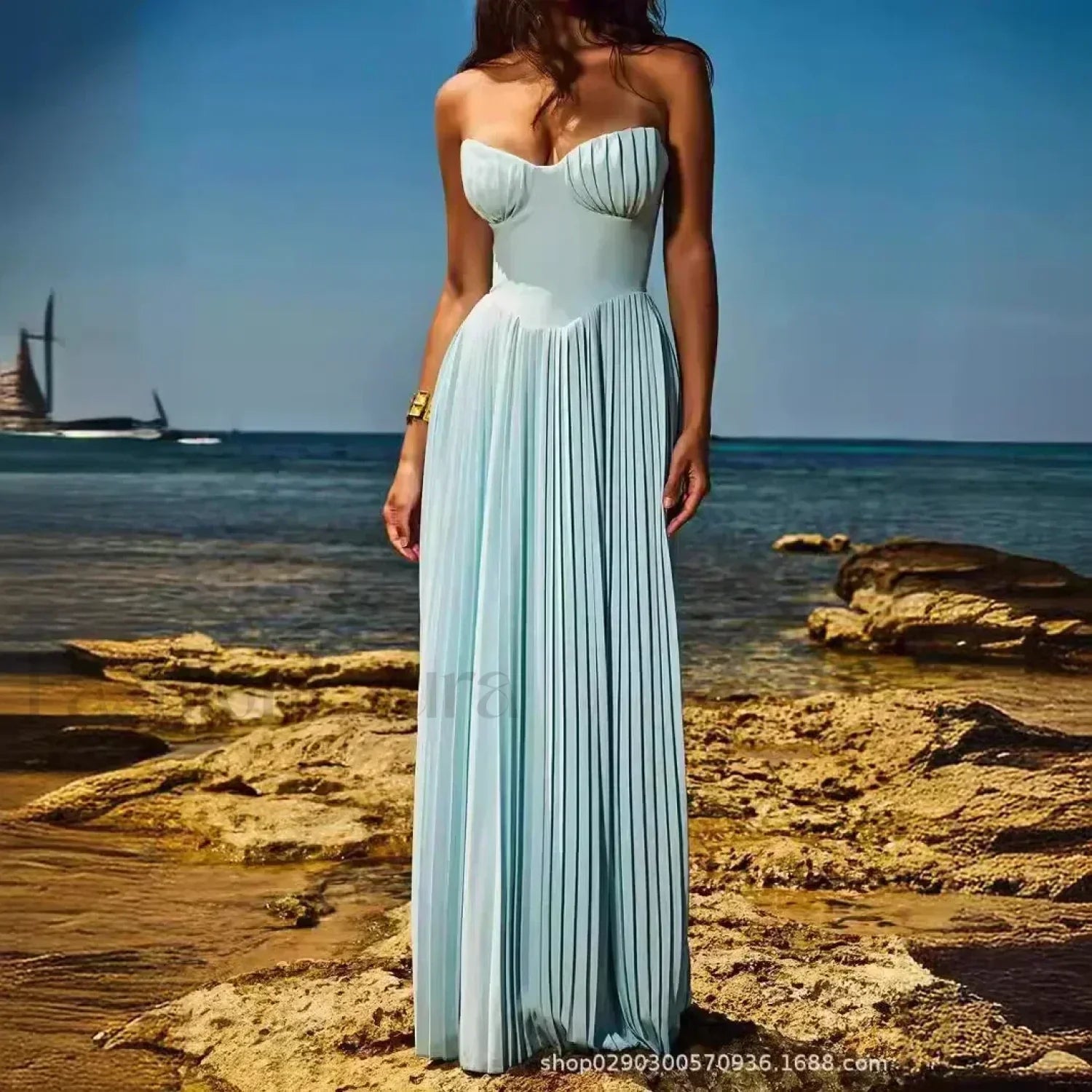 Strapless Pleated Corset Maxi Dress