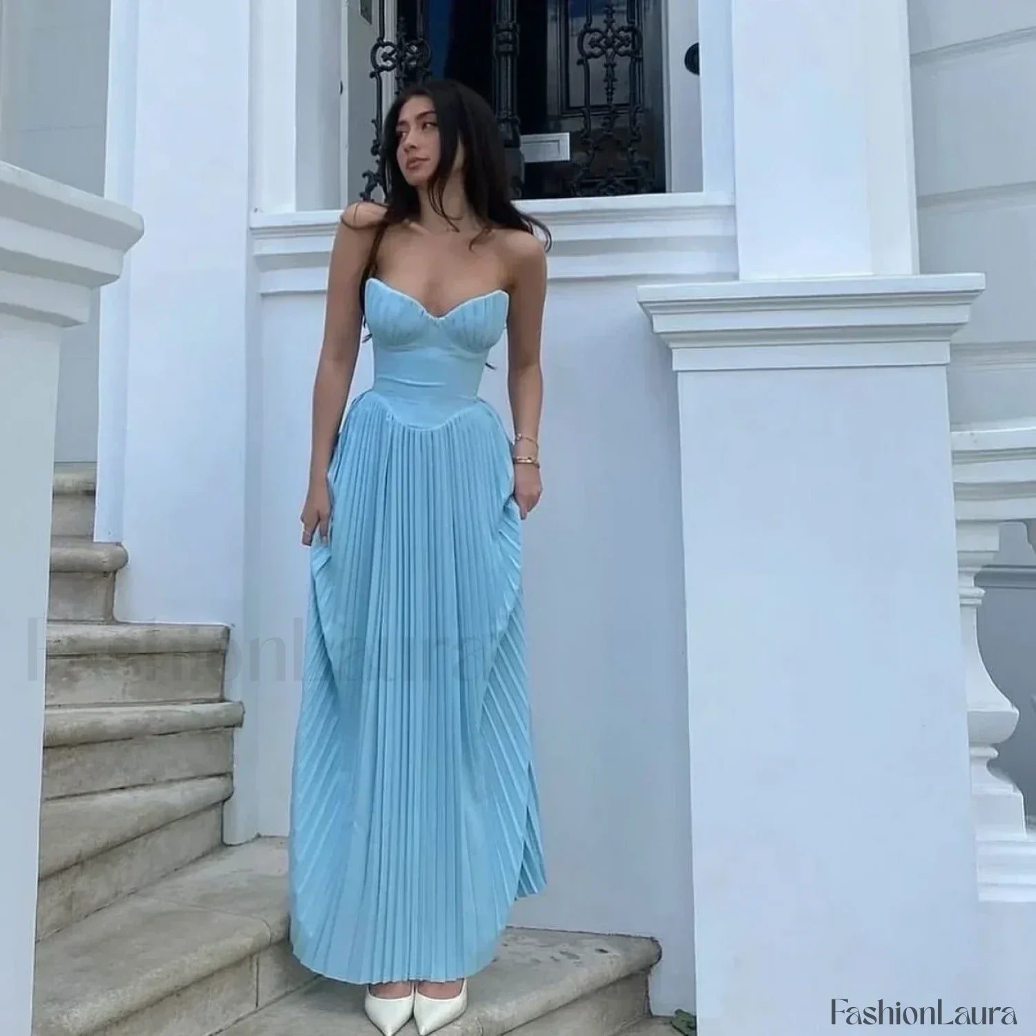 Strapless Pleated Corset Maxi Dress