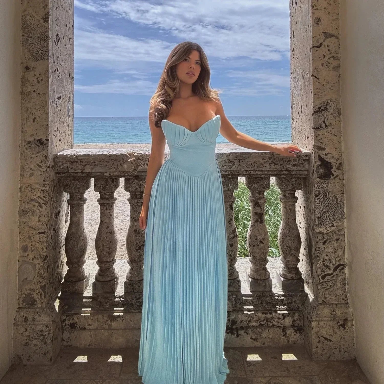 Strapless Pleated Corset Maxi Dress Blue / XS