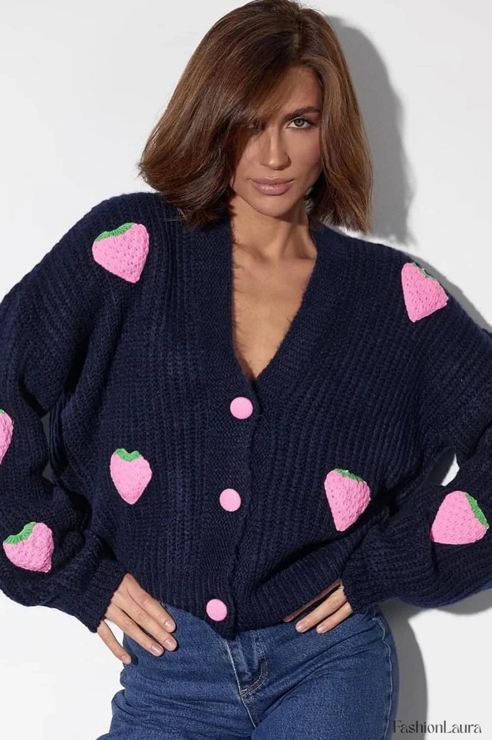Strawberry Appliqué Chunky Knit Sweater