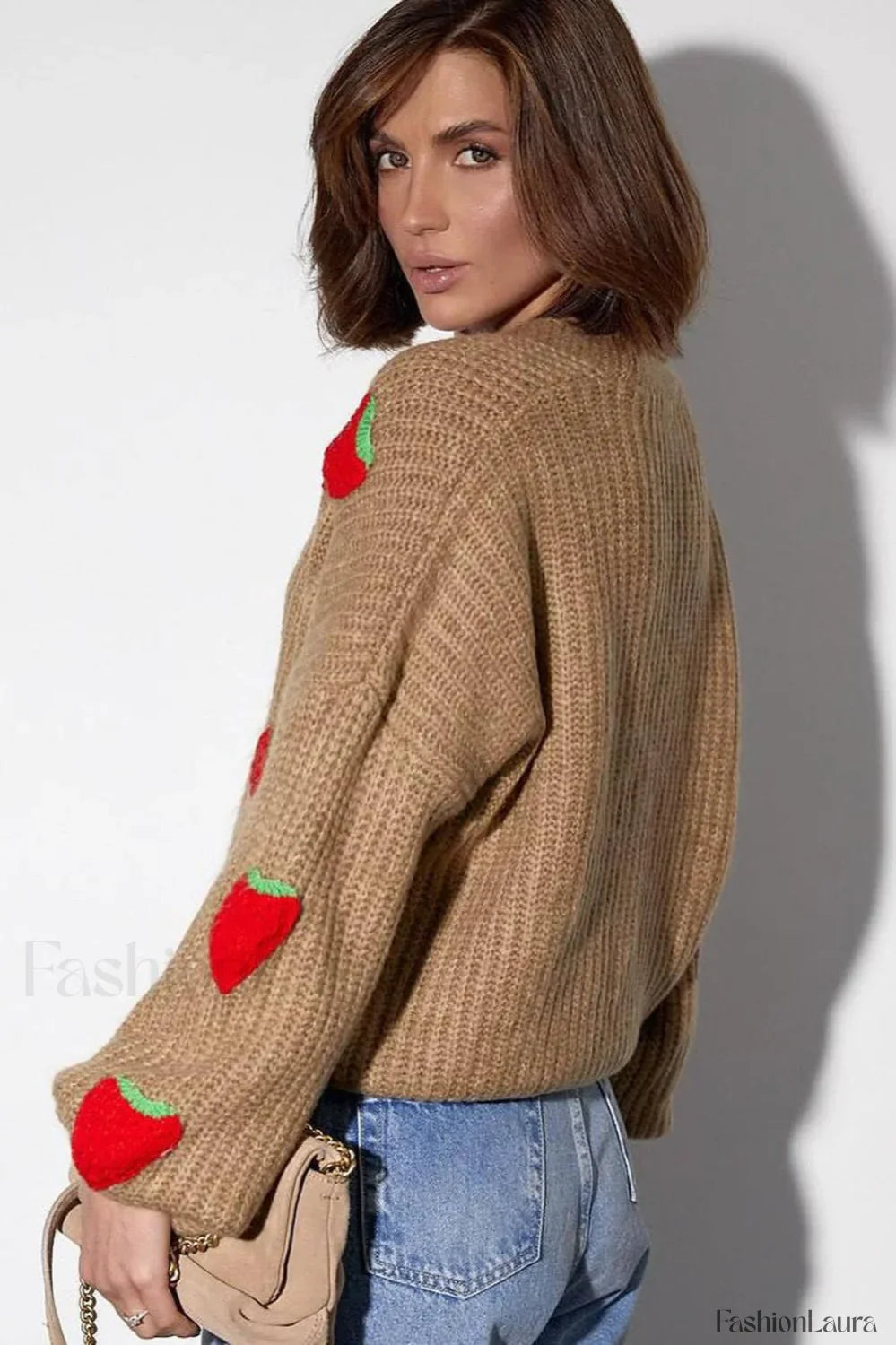 Strawberry Appliqué Chunky Knit Sweater