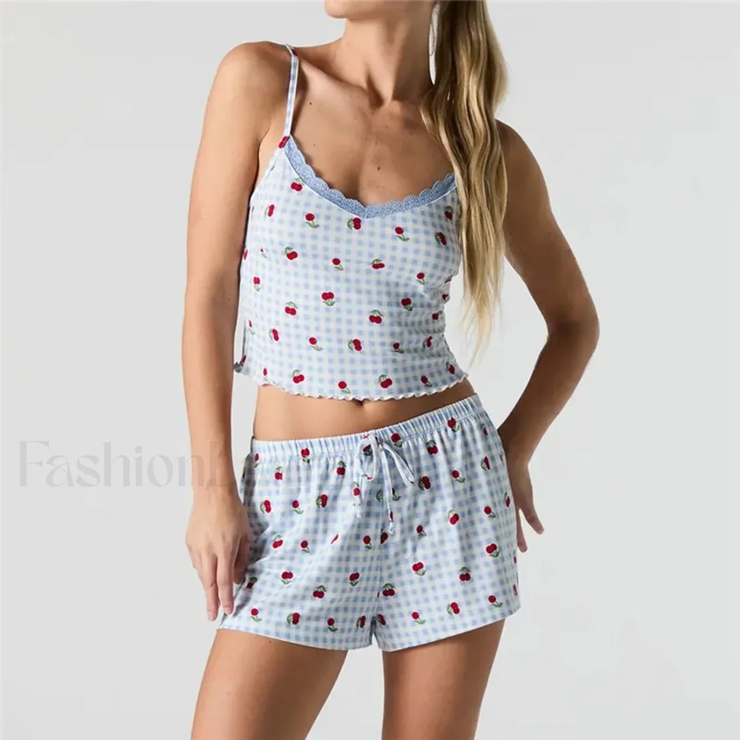 Strawberry Soft Fabric Lace Trim Cami Shorts Two Piece Set