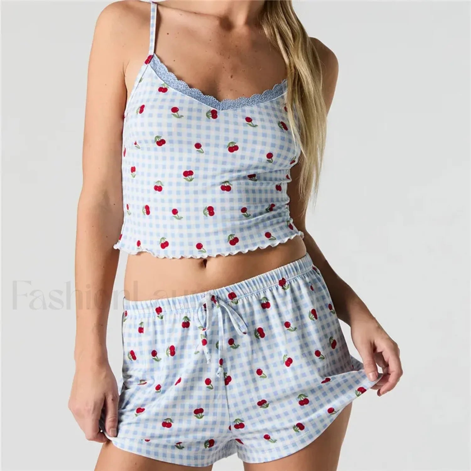 Strawberry Soft Fabric Lace Trim Cami Shorts Two Piece Set