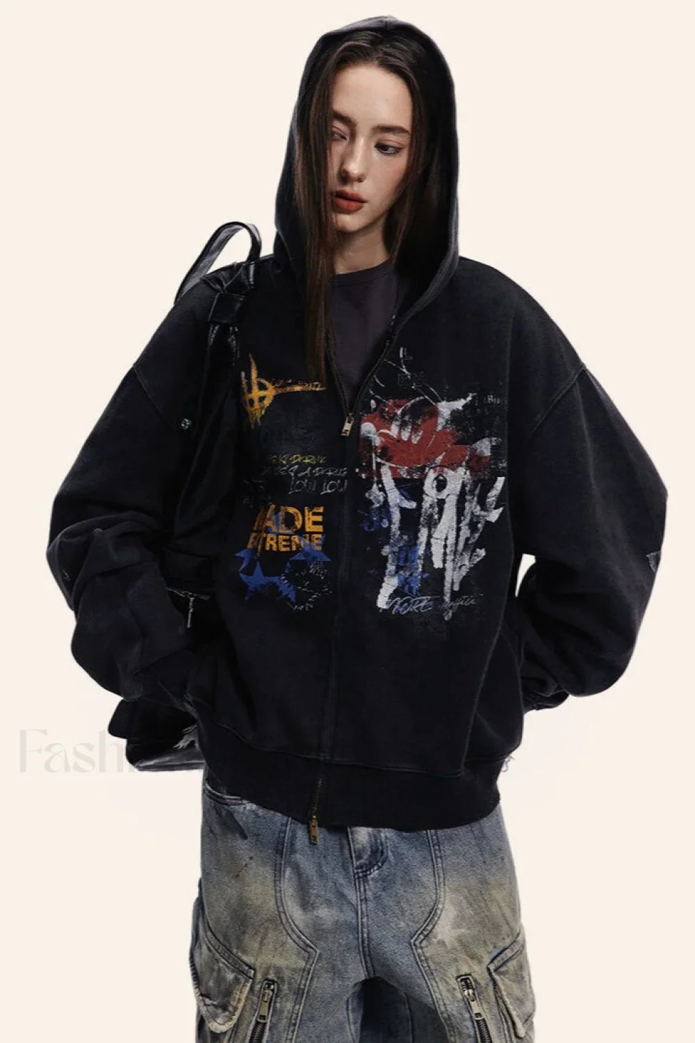 Street Style Graffiti Zip-Up Hoodie Black / M