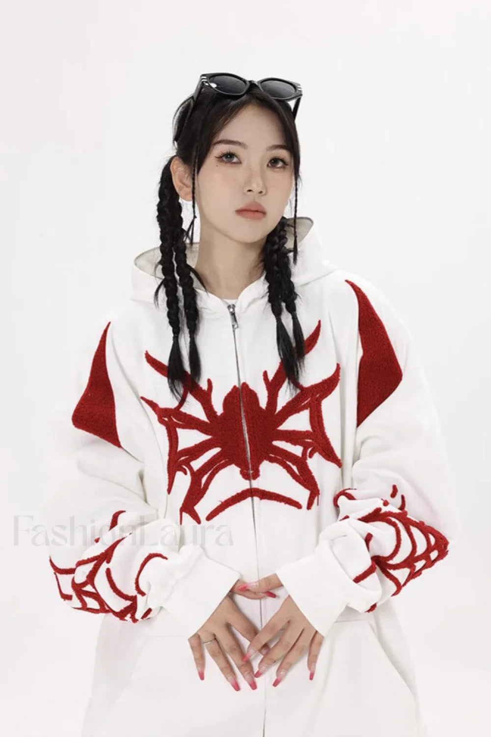 Street Style Spider Print Hoodie White / S