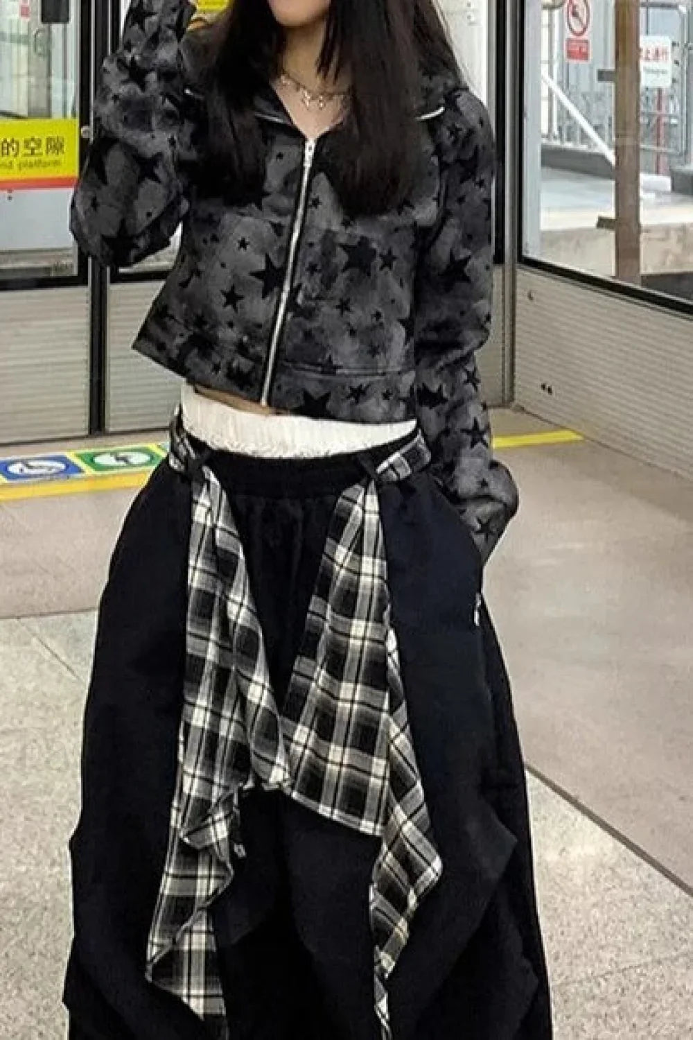 Street Style Star Print Zip-Up Hoodie