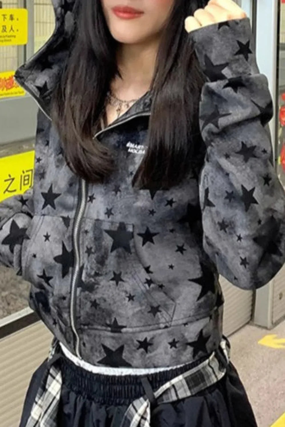 Street Style Star Print Zip-Up Hoodie